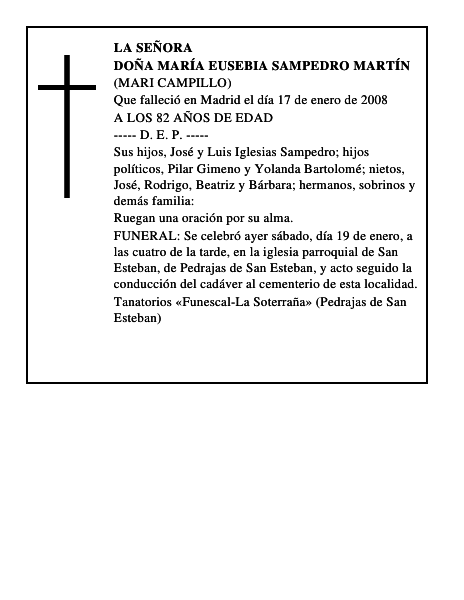 DOÑA MARÍA EUSEBIA SAMPEDRO MARTÍN