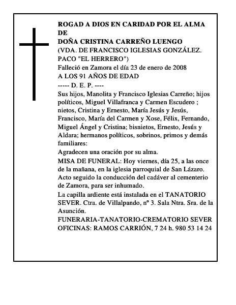 DOÑA CRISTINA CARREÑO LUENGO