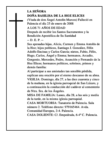 DOÑA BASILISA DE LA HOZ ELICES