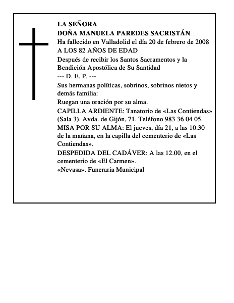 DOÑA MANUELA PAREDES SACRISTÁN