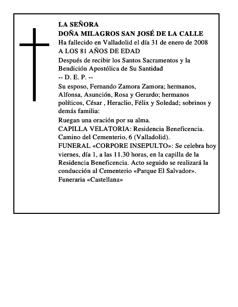 DOÑA MILAGROS SAN JOSÉ DE LA CALLE