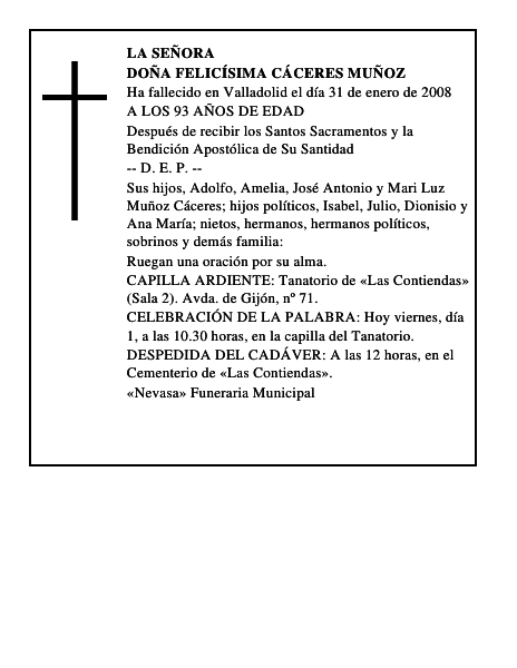 DOÑA FELICÍSIMA CÁCERES MUÑOZ