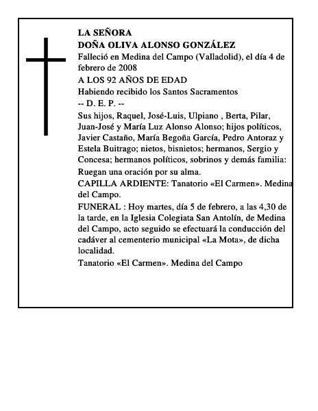 DOÑA OLIVA ALONSO GONZÁLEZ