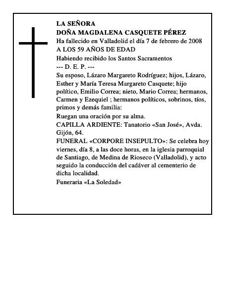 DOÑA MAGDALENA CASQUETE PÉREZ