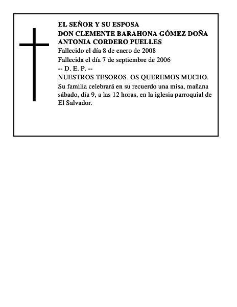 DON CLEMENTE BARAHONA GÓMEZ DOÑA ANTONIA CORDERO PUELLES