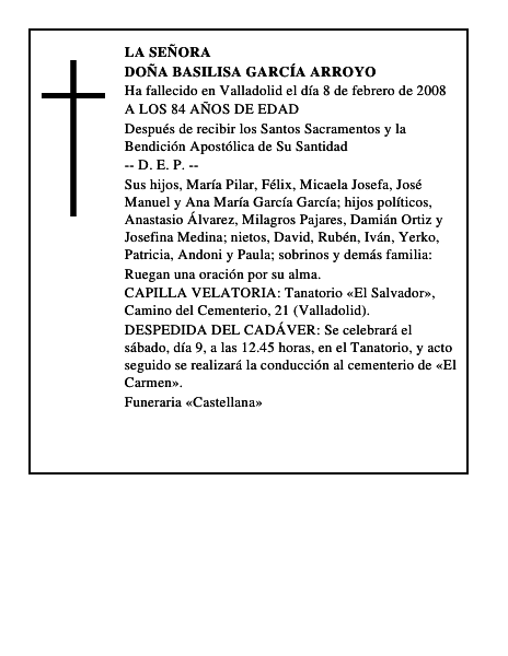 DOÑA BASILISA GARCÍA ARROYO