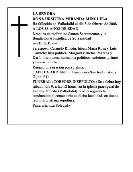DOÑA URSICINA MIRANDA MINGUELA