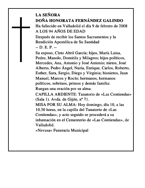 DOÑA HONORATA FERNÁNDEZ GALINDO