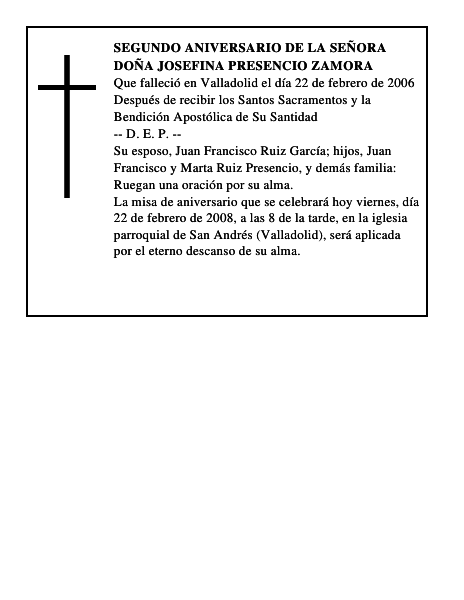 DOÑA JOSEFINA PRESENCIO ZAMORA