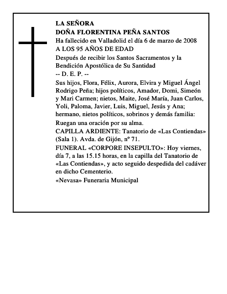 DOÑA FLORENTINA PEÑA SANTOS
