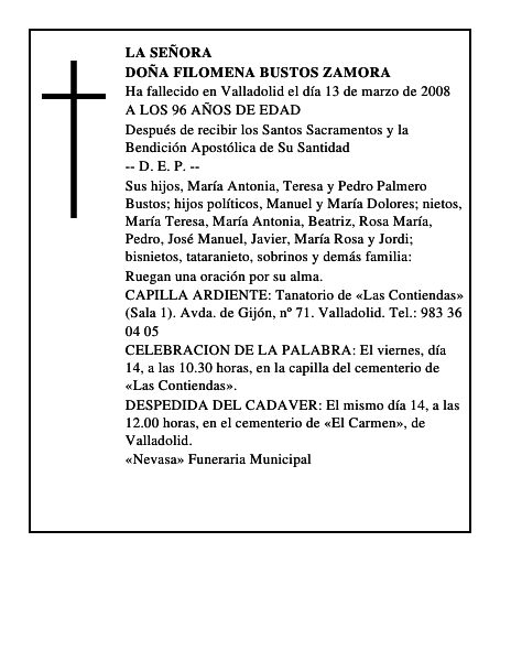 DOÑA FILOMENA BUSTOS ZAMORA