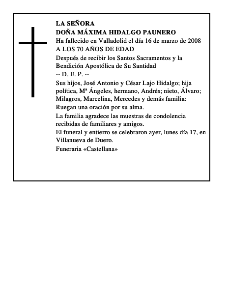 DOÑA MÁXIMA HIDALGO PAUNERO