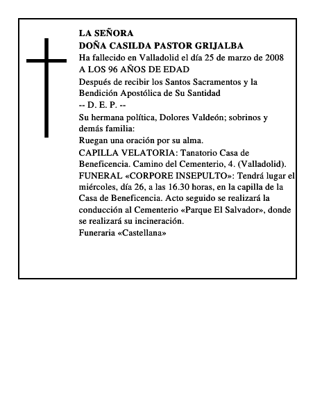 DOÑA CASILDA PASTOR GRIJALBA