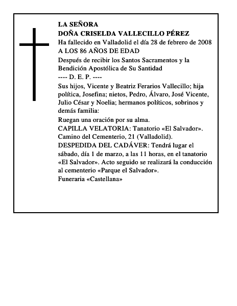 DOÑA CRISELDA VALLECILLO PÉREZ