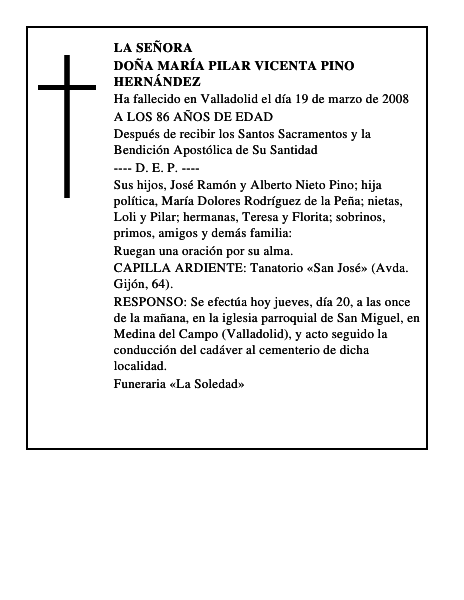 DOÑA MARÍA PILAR VICENTA PINO HERNÁNDEZ