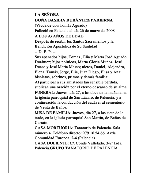 DOÑA BASILIA DURÁNTEZ PADIERNA