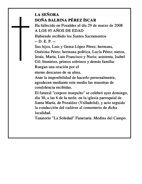 DOÑA BALBINA PÉREZ ÍSCAR