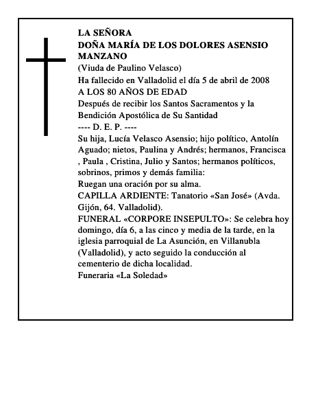 DOÑA MARÍA DE LOS DOLORES ASENSIO MANZANO