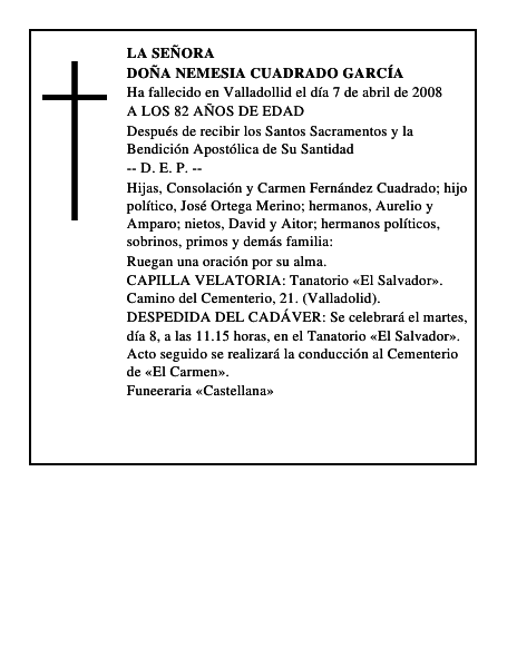DOÑA NEMESIA CUADRADO GARCÍA