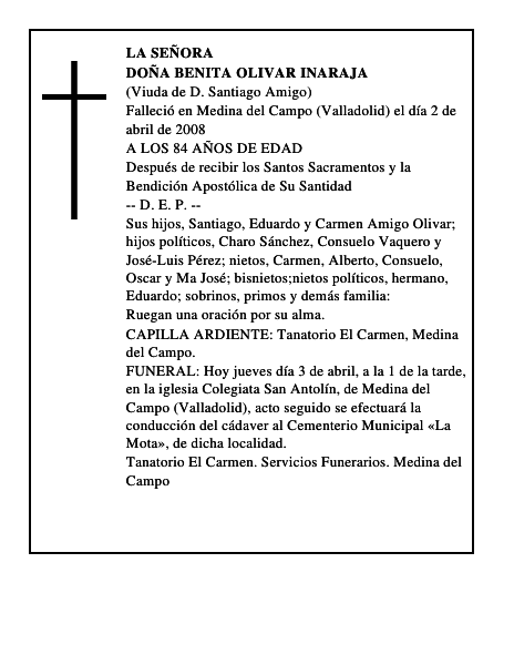 DOÑA BENITA OLIVAR INARAJA