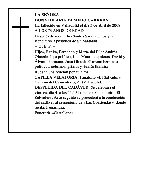 DOÑA HILARIA OLMEDO CARRERA
