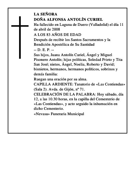 DOÑA ALFONSA ANTOLÍN CURIEL