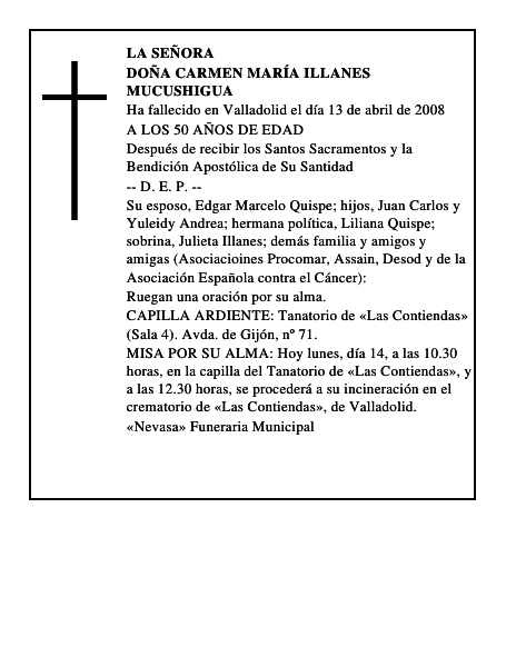 DOÑA CARMEN MARÍA ILLANES MUCUSHIGUA