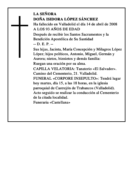 DOÑA ISIDORA LÓPEZ SÁNCHEZ