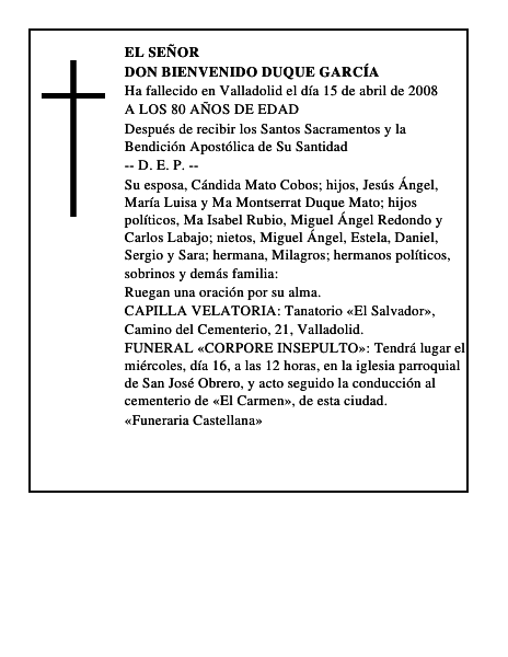 DON BIENVENIDO DUQUE GARCÍA