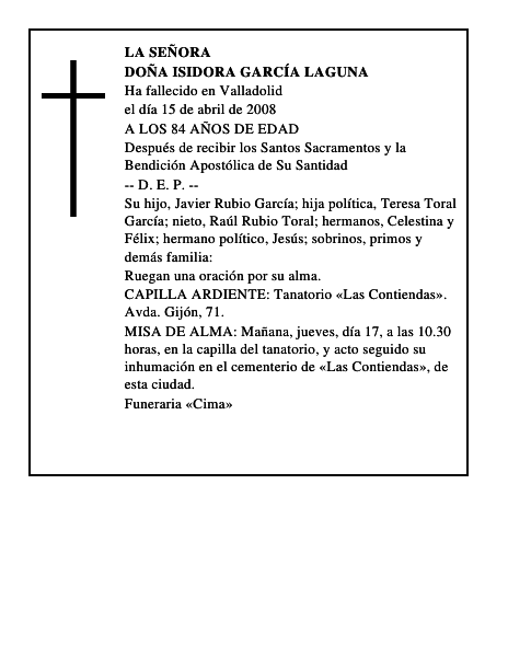 DOÑA ISIDORA GARCÍA LAGUNA
