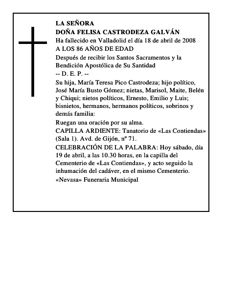 DOÑA FELISA CASTRODEZA GALVÁN
