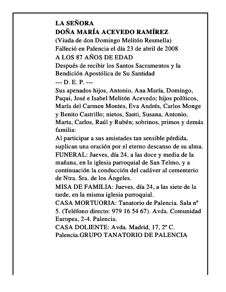 DOÑA MARÍA ACEVEDO RAMÍREZ