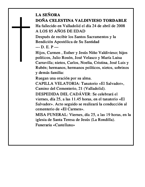 DOÑA CELESTINA VALDIVIESO TORDABLE