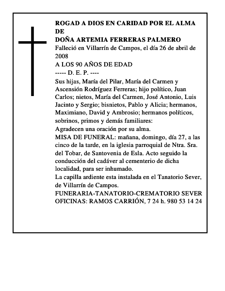 DOÑA ARTEMIA FERRERAS PALMERO
