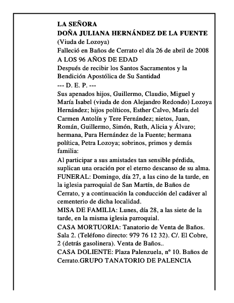 DOÑA JULIANA HERNÁNDEZ DE LA FUENTE