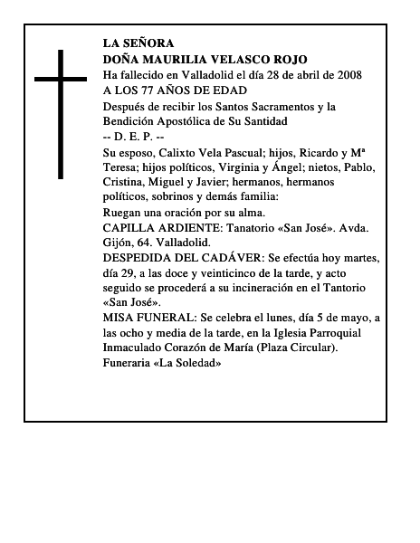 DOÑA MAURILIA VELASCO ROJO