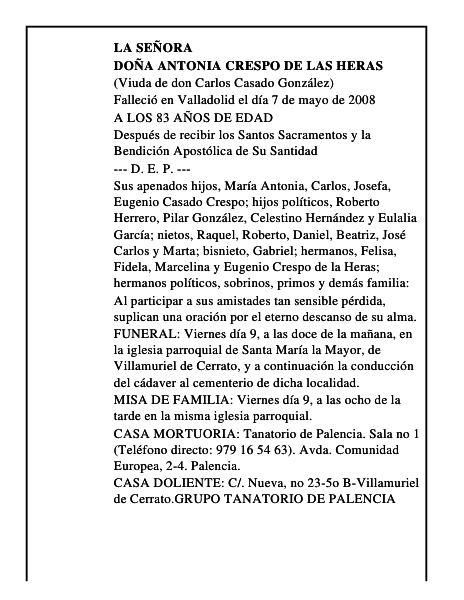 DOÑA ANTONIA CRESPO DE LAS HERAS