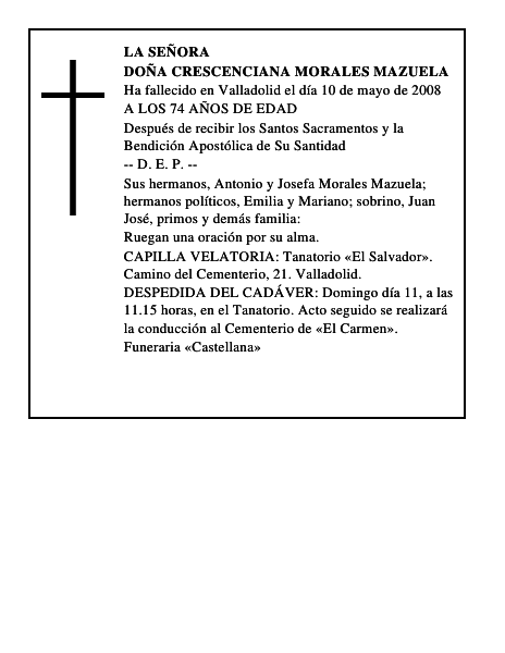 DOÑA CRESCENCIANA MORALES MAZUELA