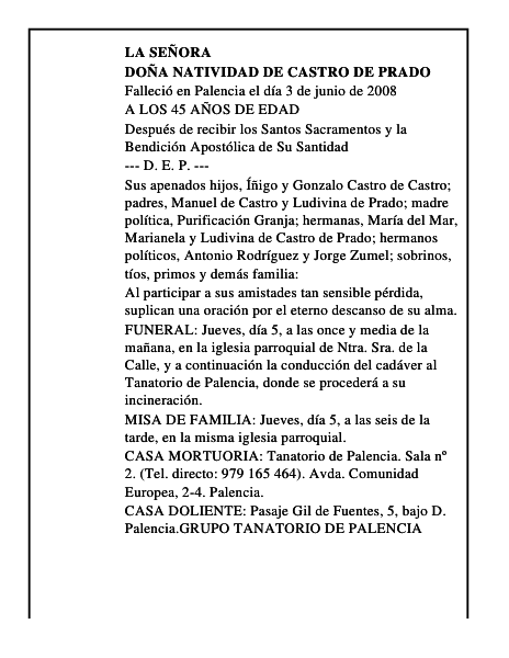DOÑA NATIVIDAD DE CASTRO DE PRADO