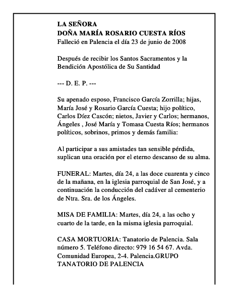 DOÑA MARÍA ROSARIO CUESTA RÍOS