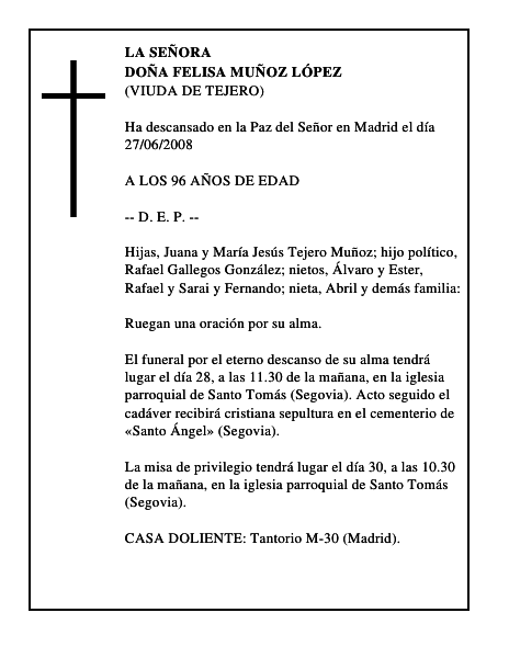 DOÑA FELISA MUÑOZ LÓPEZ