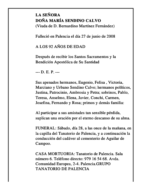 DOÑA MARÍA SENDINO CALVO