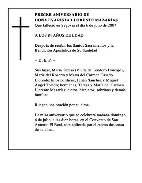DOÑA EVARISTA LLORENTE MAZARÍAS