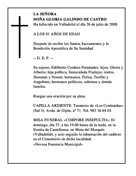 DOÑA GLORIA GALINDO DE CASTRO