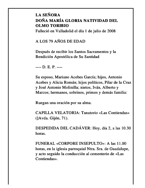 DOÑA MARÍA GLORIA NATIVIDAD DEL OLMO TORIBIO