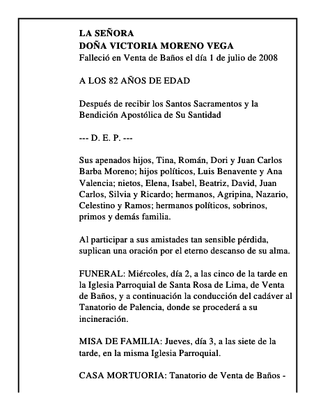 DOÑA VICTORIA MORENO VEGA