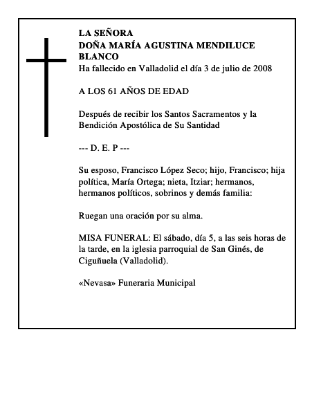 DOÑA MARÍA AGUSTINA MENDILUCE BLANCO