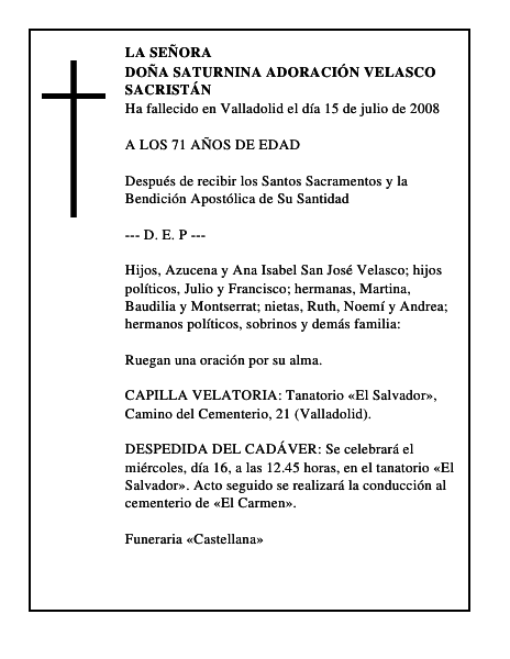DOÑA SATURNINA ADORACIÓN VELASCO SACRISTÁN