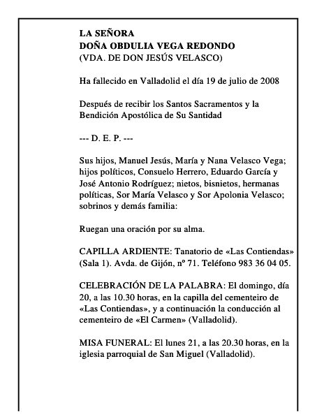 DOÑA OBDULIA VEGA REDONDO