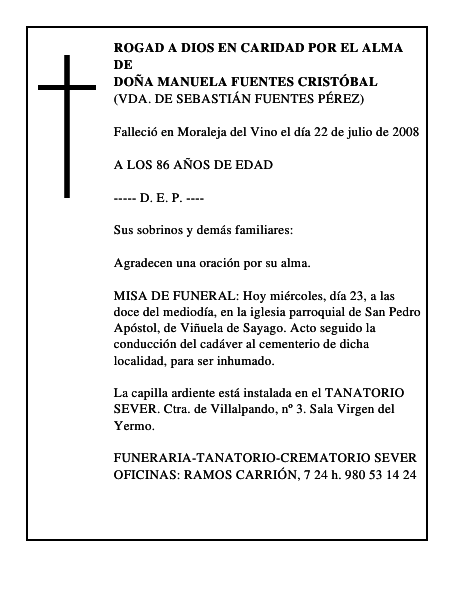 DOÑA MANUELA FUENTES CRISTÓBAL